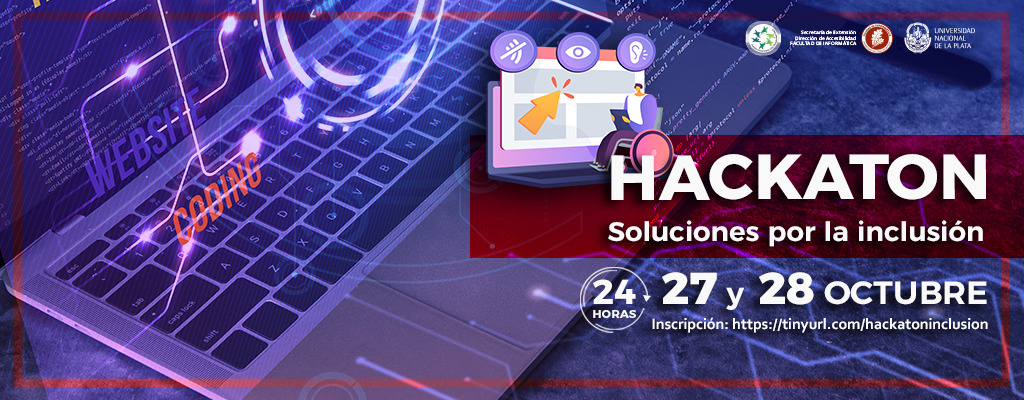 Hackaton Soluciones por la inclusión edición 2023 La imagen que acompaña es una notebook con una flecha que apunta a la pantalla donde se observan los logos de sonido tachado, un ojo, un oído con signo de pregunta y una persona en silla de ruedas con una tablet en la mano. Arriba a la derecha se observan los logos de Secretaría de Extensión.