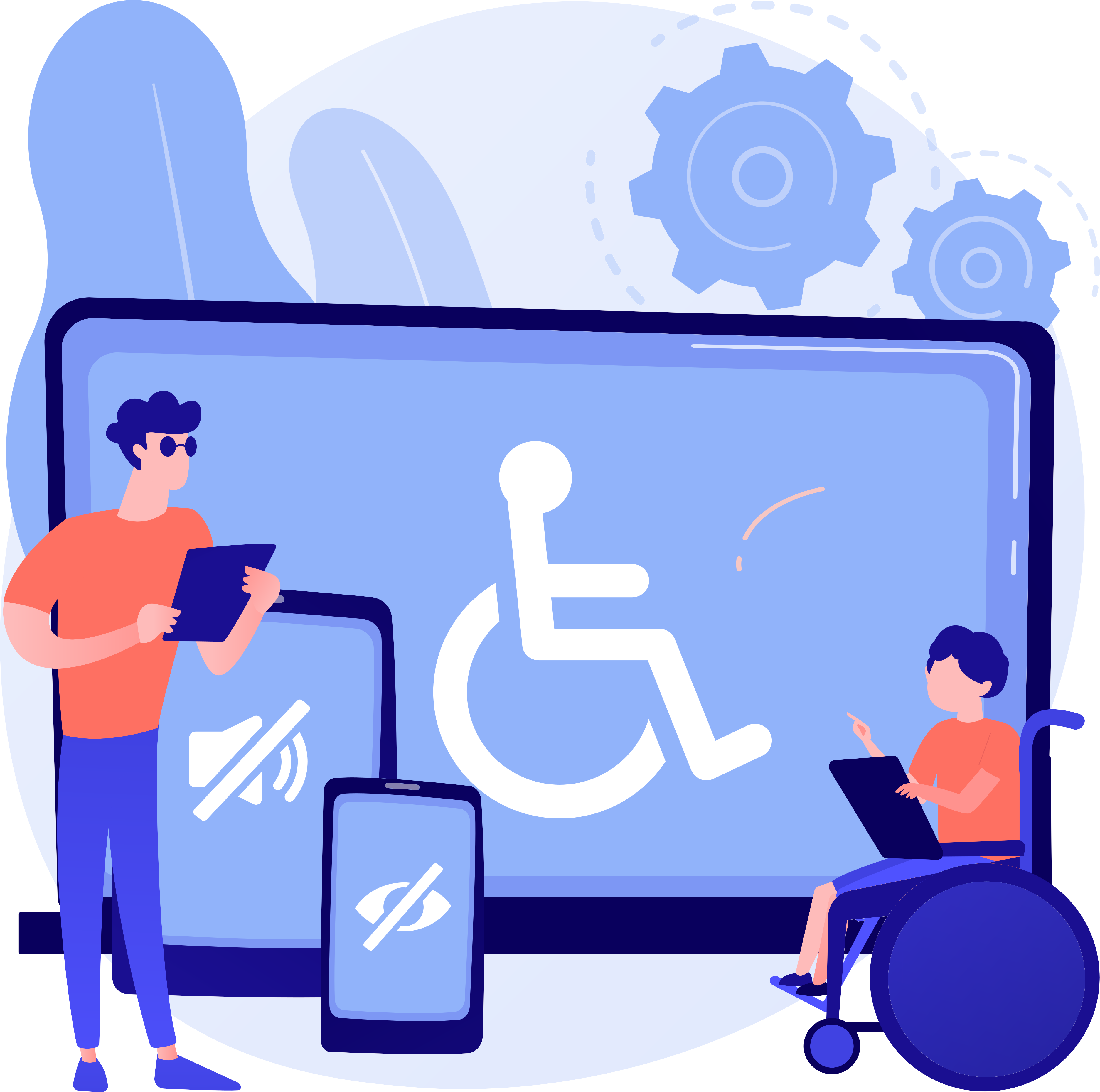 Una persona parada con un dispositivo móvil a su lado una persona en silla de ruedas con su laptop.