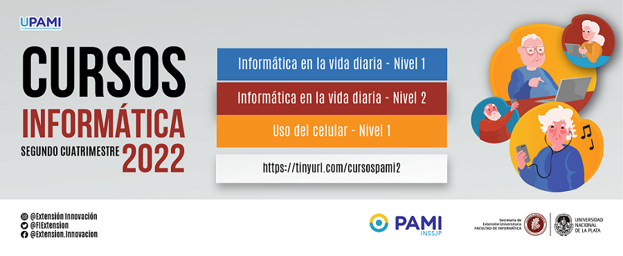 imagen colorida con figura de personas mayores vinculadas a computadoras y celulares con indicación de los cursos UPAMI que se dictan