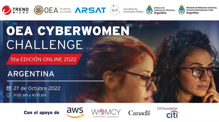 Cyberwomen Challenge Argentina 2022 dos mujeres frente a una computadora y datos del evento