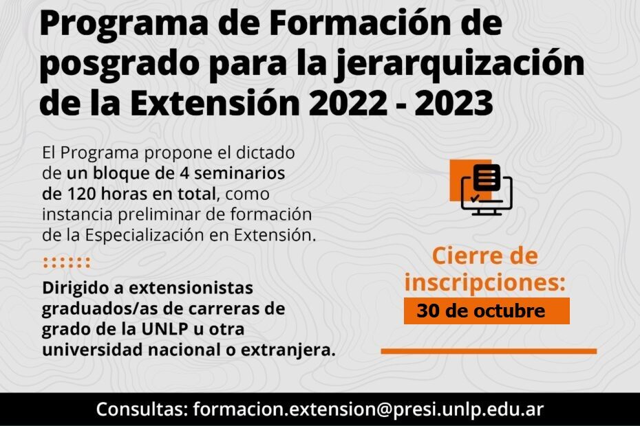 Programa de “Formación de posgrado para la jerarquización de la Extensión 2022-2023”: información de la actividad con un pequeño dibujo de una computadora y una planilla de inscripcion