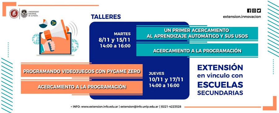 Información de los Talleres de programación para escuelas secundarias que está distribuida en formas geométricas en colores azules, celestes, blancos y naranja. Está el logo del proyecto que se representa con una computadora de fondo y un magáfono sostenido por una mano.