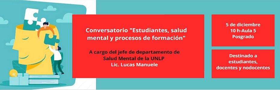 La información del conversatorio sobre salud mental está distribuida en un diseño con colores azules y naranjas. Tiene además una ilustración de un rompecabezas en una cabeza