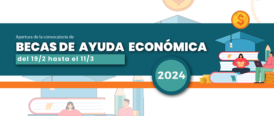 La información sobre las becas de ayuda económica 2024 se encuentra sobre fondo blanco, rectángulos en verdes y líneas naranjas. Tiene el logo de la Facultad de Informática de la UNLP. Hay una ilustración de un hombre y una mujer sobre libros de gran tamaño, un sombrero de graduados y el signo pesos. Tiene la información de contacto y las redes de la Facultad.