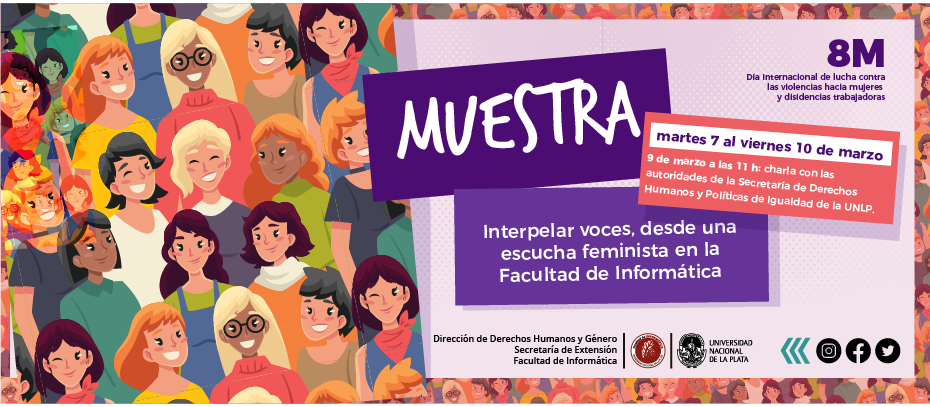 Ilustración muy colorida de divesas mujeres. Contiene el logo de la Facultad y la información en letras blancas y alguna negra sobre fondos violeta y rosa.