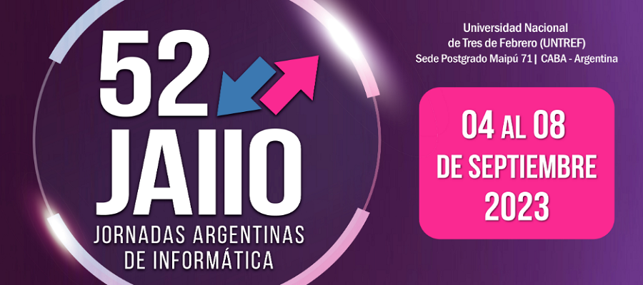 La información sobre la realización de las 52 JAIIO Jornadas Argentinas de Informática se encuentra ubicada sobre fondos violetas y rosa en letras blancas, hay un círculo luminoso que circunscribe el título de la actividad. Dos fechas una azul y la otra rosa en sentido contrario acompaña al número 52