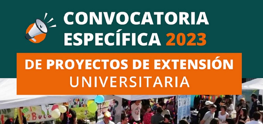 La información sobre la convocatoria específica 2023 está dispuesta sobre los colores verdes y naranja y la acompañan fotografías sobre las actividades de extensión que lleva adelante la UNLP