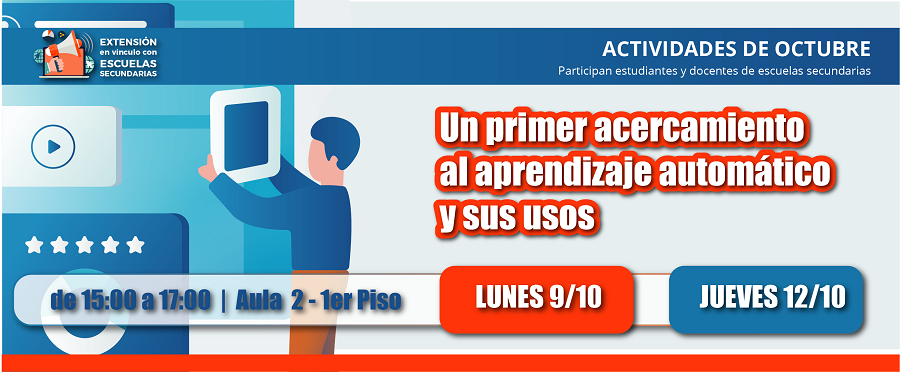 La información sibre el taller "Un primer acercamiento al aprendizaje automático y sus usos" está repersentada en un banner con la ilustración de un estudiante con una tablet que representa una situación de aprendizaje. Los colores que se usan son rojos, azules, grises y blancos.