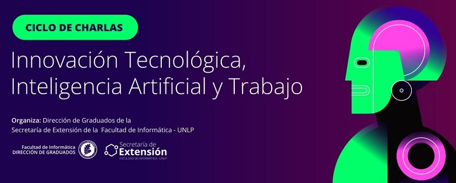 Perfil de robot en colores verdes, azules y fucsia sobre fondo azul oscuro. Representa la Inteligencia Artificial y la Innovación Tecnológica