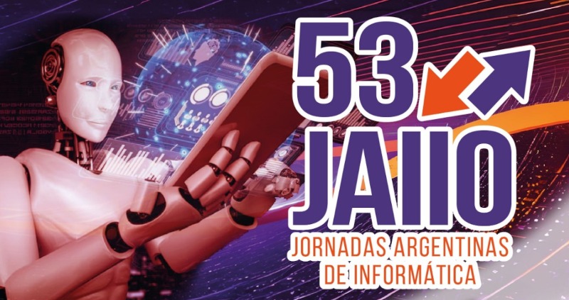 La información sobre las 53 Jornadas Argentinas de Informática está acompañada por una imagen de un robot en color rojizo que sostiene un celular del mismo tono en la mano. Ilustraciones que refieren a la tecnología completan el banner.