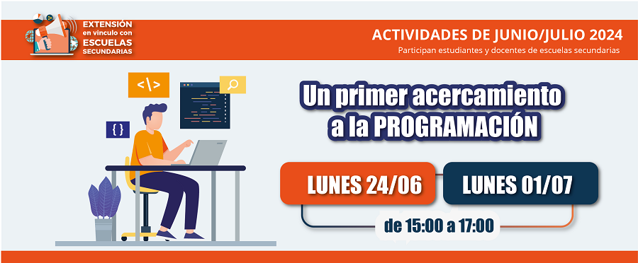 La información sobre los talleres simultáneos del Proyecto Extensión en vínculo con escuelas secundarias está distribuida en una imagen con fondo gris claro con franjas de color naranja y azul oscuro. Una ilustración de un joven trabajando en un escritorio frente a una computadora. Se da visualización a un programa. La imagen lleva el logo del Proyecto.