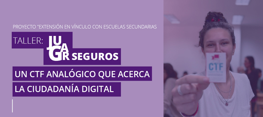 Volante del taller "Jugar seguros", sobre ciudadanía digital, con una joven mostrando una tarjeta del juego CTF.